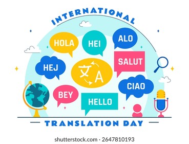 International Translator or Translation Language Day Illustration with Hello Greetings from Different Countries and Multilingual Global Communication