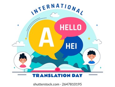 International Translator or Translation Language Day Illustration with Hello Greetings from Different Countries and Multilingual Global Communication