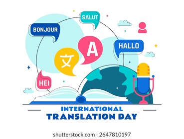 International Translator or Translation Language Day Illustration with Hello Greetings from Different Countries and Multilingual Global Communication