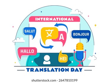 International Translator or Translation Language Day Illustration with Hello Greetings from Different Countries and Multilingual Global Communication