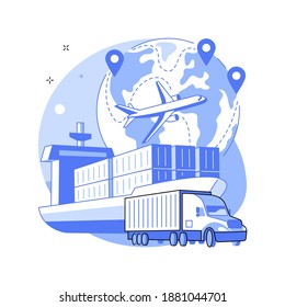 International transport abstract concept vector illustration. International transportation, sea freight, global ocean logistics, air cargo, container sheep, truck on road, goods abstract metaphor.