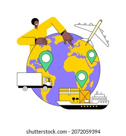 Ilustración del vector conceptual abstracto del transporte internacional. Transporte internacional, transporte marítimo, logística oceánica mundial, carga aérea, contenedores de ovejas, camiones en carretera, mercancías metáforas abstractas.