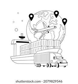 International transport abstract concept vector illustration. International transportation, sea freight, global ocean logistics, air cargo, container sheep, truck on road, goods abstract metaphor.