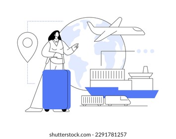 International transport abstract concept vector illustration. International transportation, sea freight, global ocean logistics, air cargo, container sheep, truck on road, goods abstract metaphor.