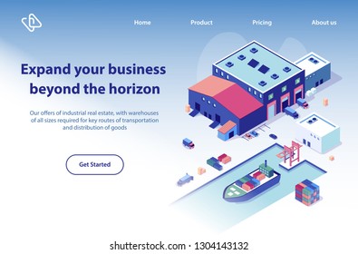 International Transport Company Isometric Vector Web Banner. Cargo Trucks near Warehouse Building, Container Ship in Port Illustration. Global Postal, Word Wide Delivery Service Landing Page Template