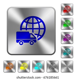 International transport engraved icons on rounded square glossy steel buttons