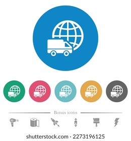 International transport flat white icons on round color backgrounds. 6 bonus icons included.