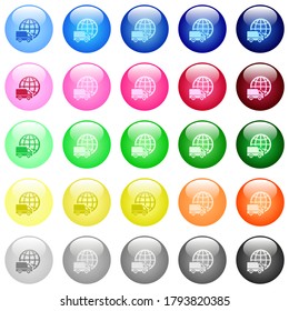 International transport icons in set of 25 color glossy spherical buttons