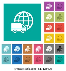 International transport multi colored flat icons on plain square backgrounds. Included white and darker icon variations for hover or active effects.