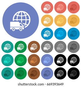 International transport multi colored flat icons on round backgrounds. Included white, light and dark icon variations for hover and active status effects, and bonus shades on black backgounds.