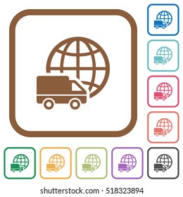 International transport simple icons in color rounded square frames on white background