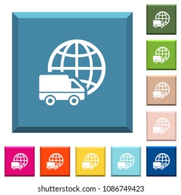International transport white icons on edged square buttons in various trendy colors