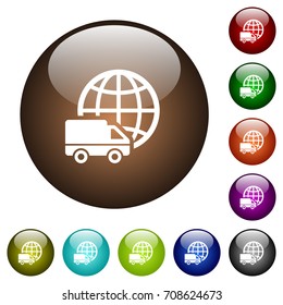 International transport white icons on round color glass buttons