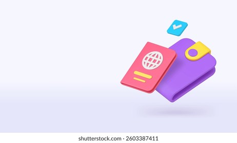 International travel global trip with passport and wallet banner copy space vector illustration. World destination holiday vacation tourism buying citizen document identification immigration