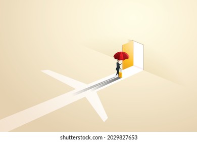 International travel insurance businessman with travel bag an umbrella to hedge during entry into the country on the doorway and plane symbols. Vector illustration.