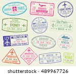 International travel visa passport stamps vector set. Paris and toronto, hong kong and port of amsterdam illustration