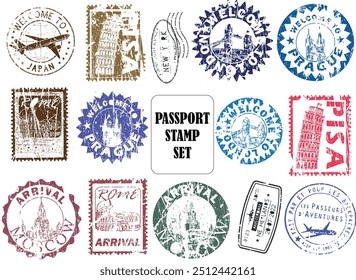 Vetor de carimbos de passaporte de viagem internacional conjunto