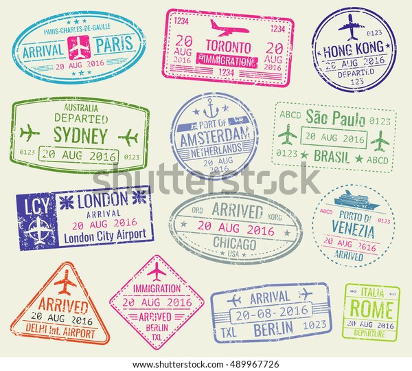 International\
travel visa passport stamps vector set. Paris and toronto, hong\
kong and port of amsterdam\
illustration