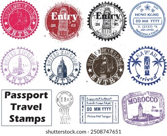 International travel visa stamps, arrival and departure passport rubber stamp, journey prints, vector collections