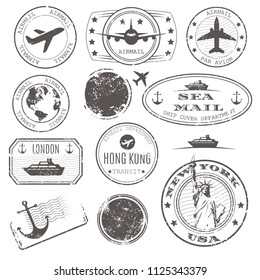 International travelpost delivery departure stamps vector set. New York, hong kong and port, airplane, sea ship cpver mail by ship or boat  illustration