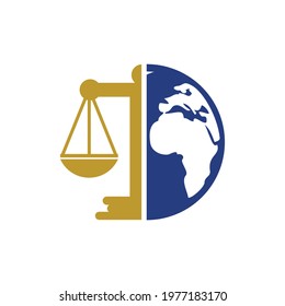 International tribunal and Supreme court logo concept. Scales on globe icon design.