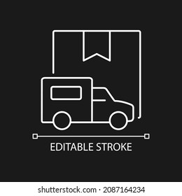 International truckload shipping service white linear icon for dark theme. Delivering by trucks. Thin line customizable illustration. Isolated vector contour symbol for night mode. Editable stroke