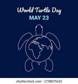 
International Turtle Day. World Turtle Day. Poster. Turtle - on her shell planet earth. White outline. Dark blue background. EPS 10