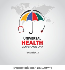 Día Internacional de Cobertura Universal de la Salud. 12 de diciembre.  Plantilla para fondo, banner, tarjeta, afiche con inscripción de texto. Ilustración del vector