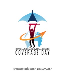 international universal health coverage day concept. web banner. illustration vector, man with syringe under umbrella