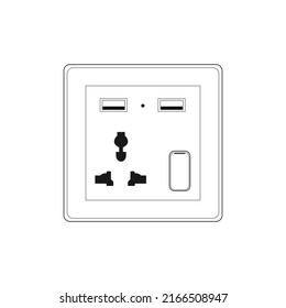 International Universal Socket Multi-Function 3 Holes Plug Outlet Panel Wall Power Socket with Dual Usb with Switch, Outline style Vector illustration