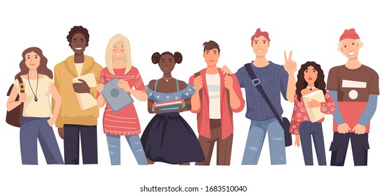 International university students, girls and guys with books, isolated characters group vector. Teenagers in casual outfits with textbooks, youth. Education and knowledge, multicultural college