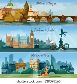 International vacation tours advertisement 3 flat banners set poster with european capitals sights abstract isolated vector illustration