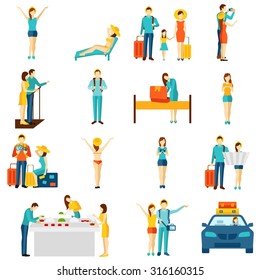 International vacation traveling flat icons set with taxi sightseeing and selfie making tourists abstract isolated vector illustration