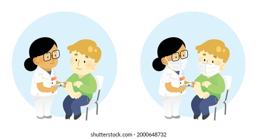 International vaccination campaign against covid-19 or influenza vector illustration. Isolated characters, with or without masks. Woman doctor vaccinating sitting patient. Vaccine inoculation.