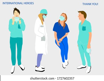 International vector illustration with medical staff.Thank you doctors and nurses. Team of medics working agains coronavirus. Doctors are heroes.