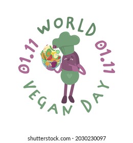 International vegan day logotype with unique funny character. Agriculture symbol. Green lifestyle pictogram. Editable vector illustration in a colorful cartoon style isolated on a white background.