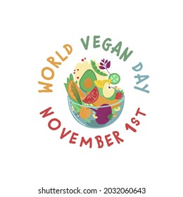 International vegan day logotype. World awareness event. Agriculture symbol, sign. Green lifestyle pictogram. Editable vector illustration in a colorful cartoon style isolated on a white background.
