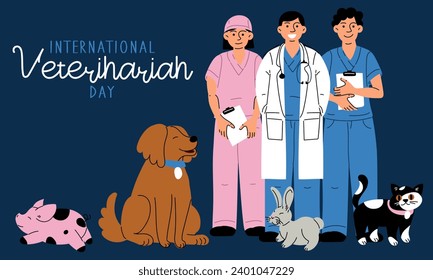 Día Internacional de los Veterinarios, ilustración de vectores. Personas con uniformes y abrigos médicos. Gato, cerdo, conejo, perro. Una inscripción, un cartel para la festividad. Diversidad de personal y animales.