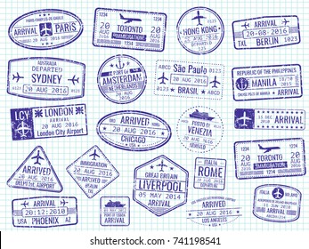 International visa stamps on notebook page - arrival, departure, immigration passport stamps. Vector illustration