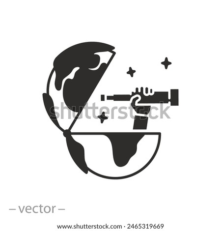 international vision icon, global future of the look, explore world, open globe with spyglass, flat symbol on white background - vector illustration