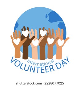 International volunteer day 5 December vector illustration isolated on white background. Earth globe and diverse hands with white hearts on palms. Flat style badge, emblem