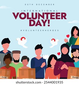 International Volunteer Day 5th December. Volunteer day celebration banner with people of different age, ethnicity, religion united for volunteer work. Theme for 2024 is Something for everyone.