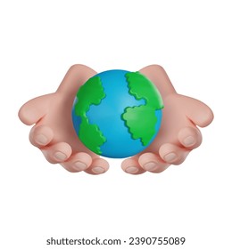 International Volunteer Day. Volunteer hands hold The Earth. 3D vector render icon