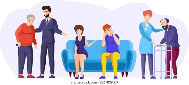 International volunteering day. Social workers taking care about elderly people at nursing home. Healthcare help service for diverse senior man and woman. Medical staff caring vector illustration