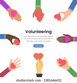 International volunteering flat vector webpage template. Multinational support in humanitarian aid landing page design layout. Multiracial hands holding hearts, sharing love concept