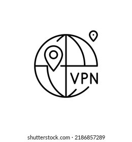 International VPN service. Global map location. Pixel perfect, editable stroke 