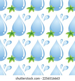 International Water Day. Seamless pattern with drops of water with splashes and leaves.