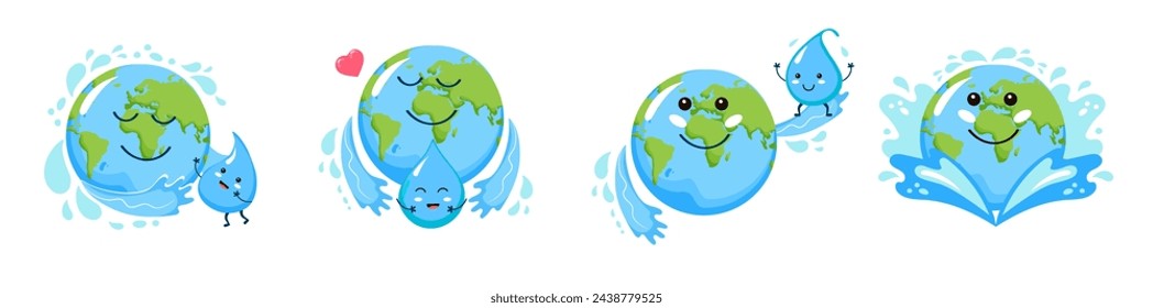 International Water Day. World Water Day. Planet Earth and water drop. Set of cute characters in cartoon style.