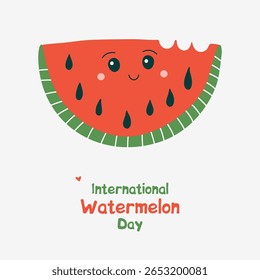 International Watermelon Day. Cute watermelon character and lettering for party decoration and invitation. Juicy Summer food. Minimalistic vector illustration for poster, card, banner.
