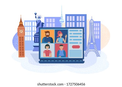 International webinar, online conference of participants from around the world. A laptop and communicating people on the screen against the background of buildings symbolizing different countries.